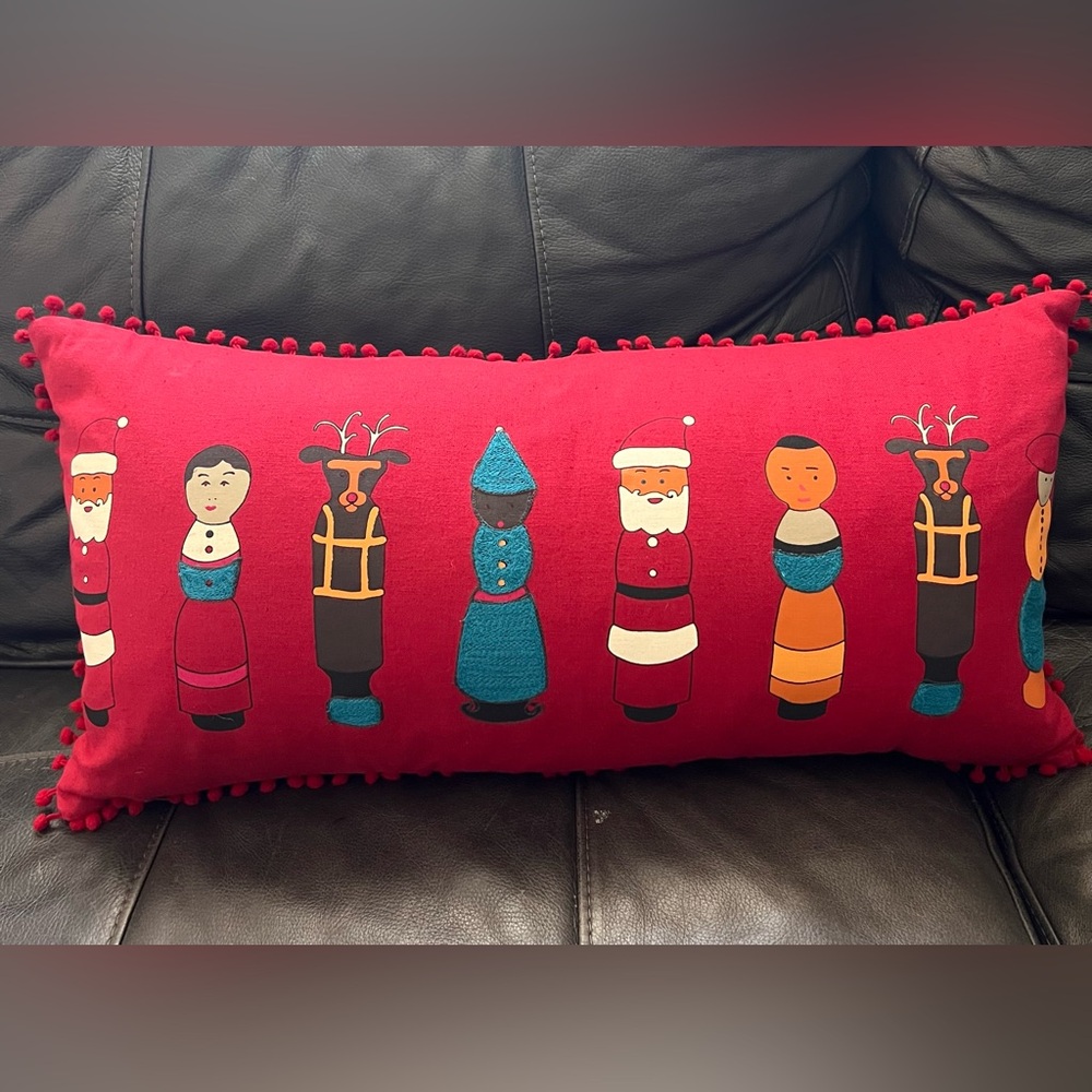 Crate & Barrel Winder Red Embroidered Feathered Christmas Pillow Santa Reindeer